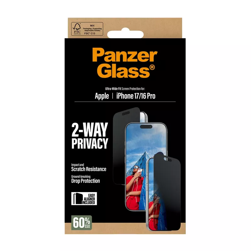 Protector de pantalla PanzerGlass ® 2-Way Privacy iPhone 17 | iPhone 16 Pro | Ultra-Wide Fit con EasyAligner