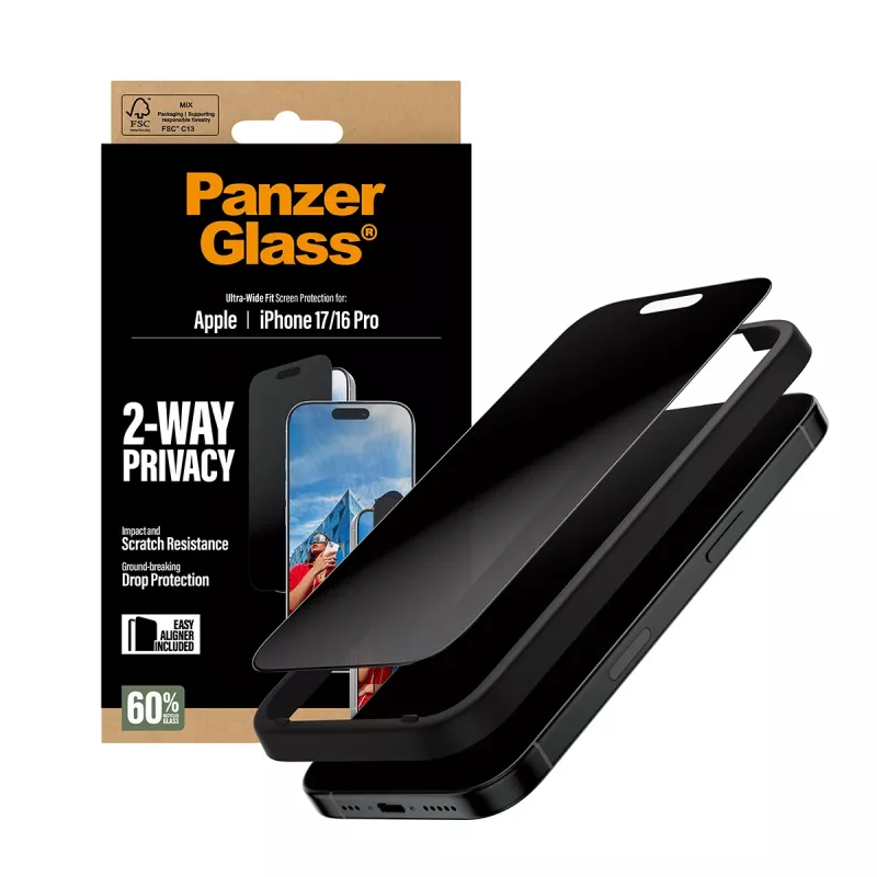 Protector de pantalla PanzerGlass ® 2-Way Privacy iPhone 17 | iPhone 16 Pro | Ultra-Wide Fit con EasyAligner