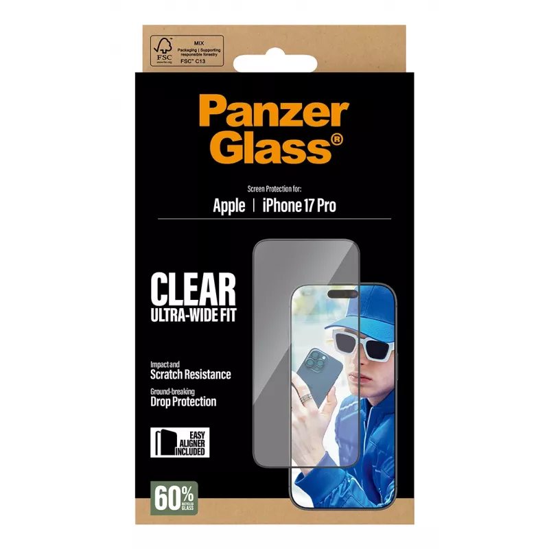 Lámina protectora de pantalla PanzerGlass iPhone 17 Pro Ultra-Wide Fit EasyAligner resistente a arañazos y golpes