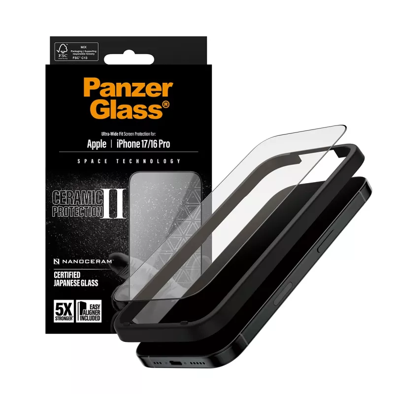 Lámina protectora de pantalla PanzerGlass ® Ceramic II iPhone 17 | iPhone 16 Pro | Ultra-Wide Fit con EasyAligner