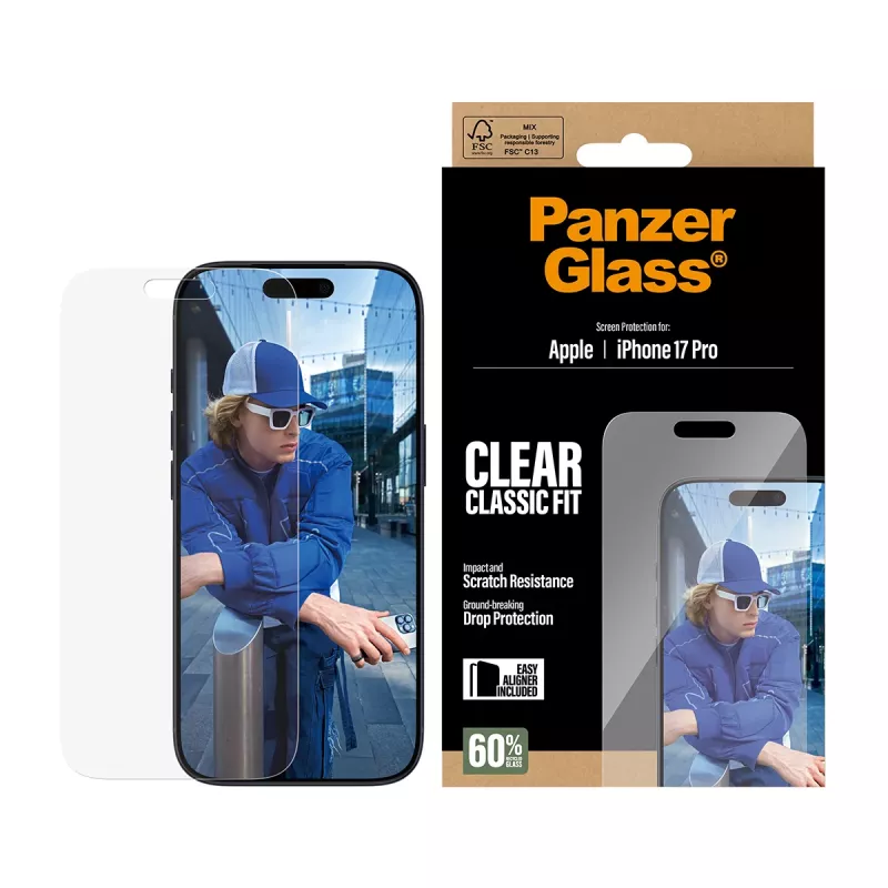 Lámina protectora de pantalla PanzerGlass iPhone 17 Pro Classic Fit EasyAligner, resistente a arañazos y golpes