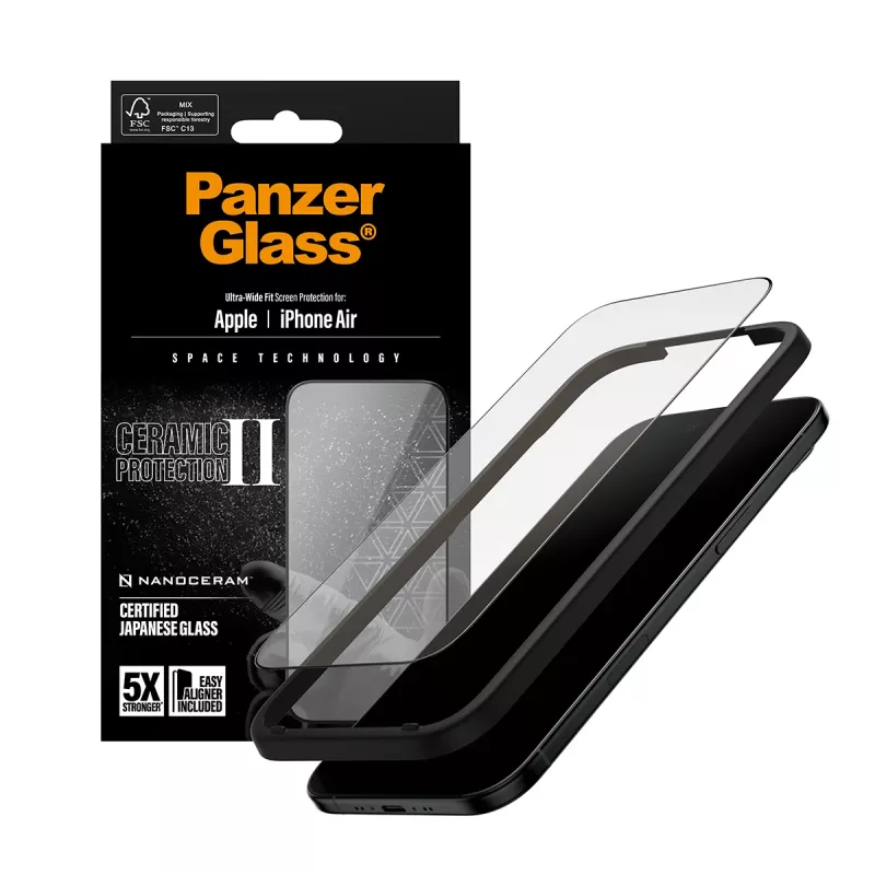 Lámina protectora de pantalla PanzerGlass Ceramic II para iPhone Air Ultra-Wide Fit con EasyAligner, cristal templado, PET, silicona, transparente, 1 unidad