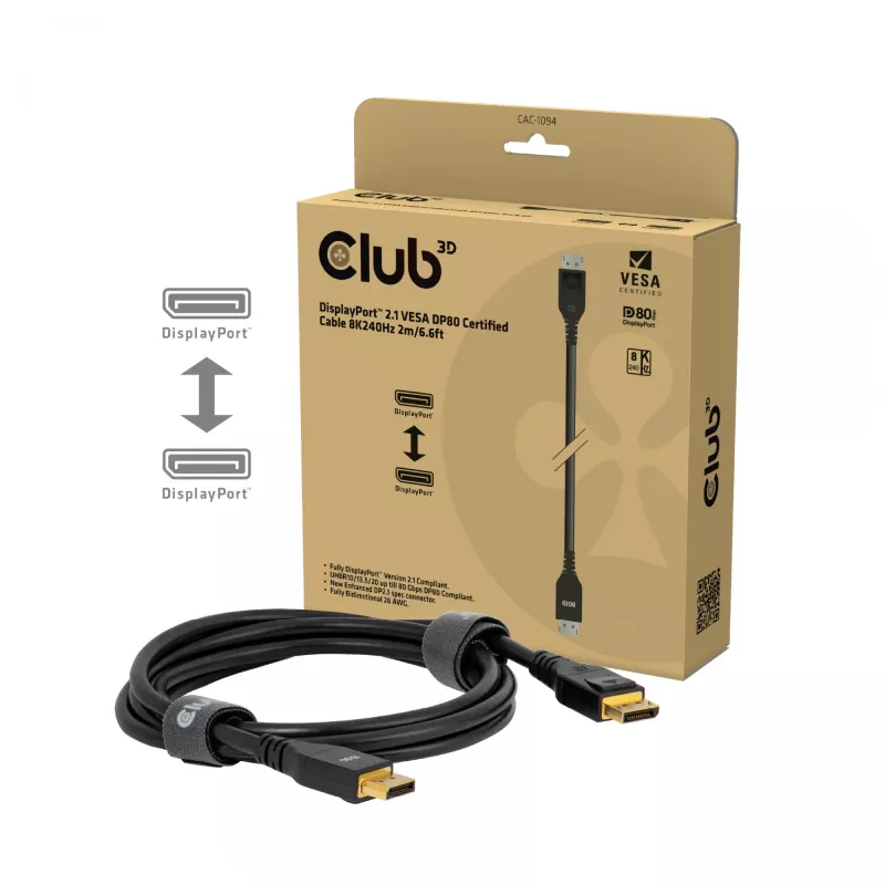 Club 3D CAC-1094 cable DisplayPort 2.1 certificado VESA DP80 8K 240 Hz, 2 m (6,56 ft), negro