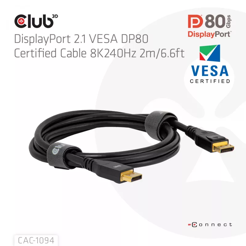 Club 3D CAC-1094 cable DisplayPort 2.1 certificado VESA DP80 8K 240 Hz, 2 m (6,56 ft), negro