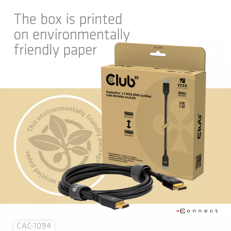 Club 3D CAC-1094 cable DisplayPort 2.1 certificado VESA DP80 8K 240 Hz, 2 m (6,56 ft), negro