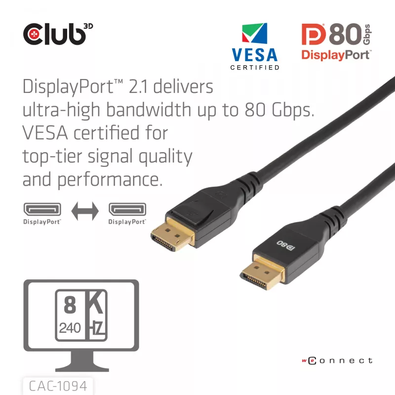 Club 3D CAC-1094 cable DisplayPort 2.1 certificado VESA DP80 8K 240 Hz, 2 m (6,56 ft), negro