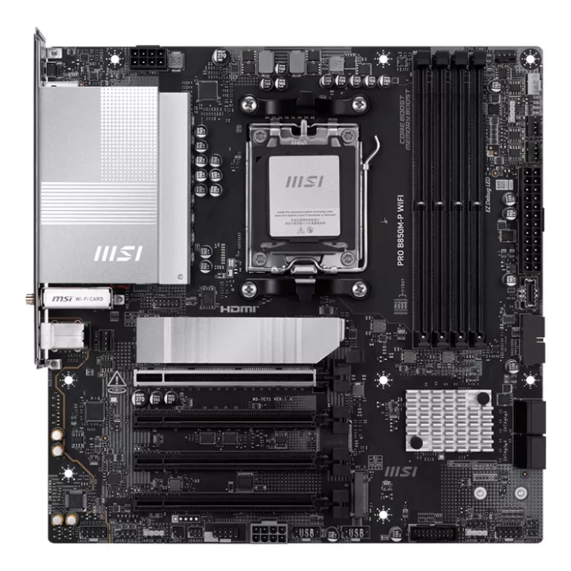 Placa base MSI PRO B850M-P WIFI micro ATX, AMD B850, Socket AM5, 4×DDR5 DIMM, 3×M.2, Wi‑Fi 7, 5Gb LAN