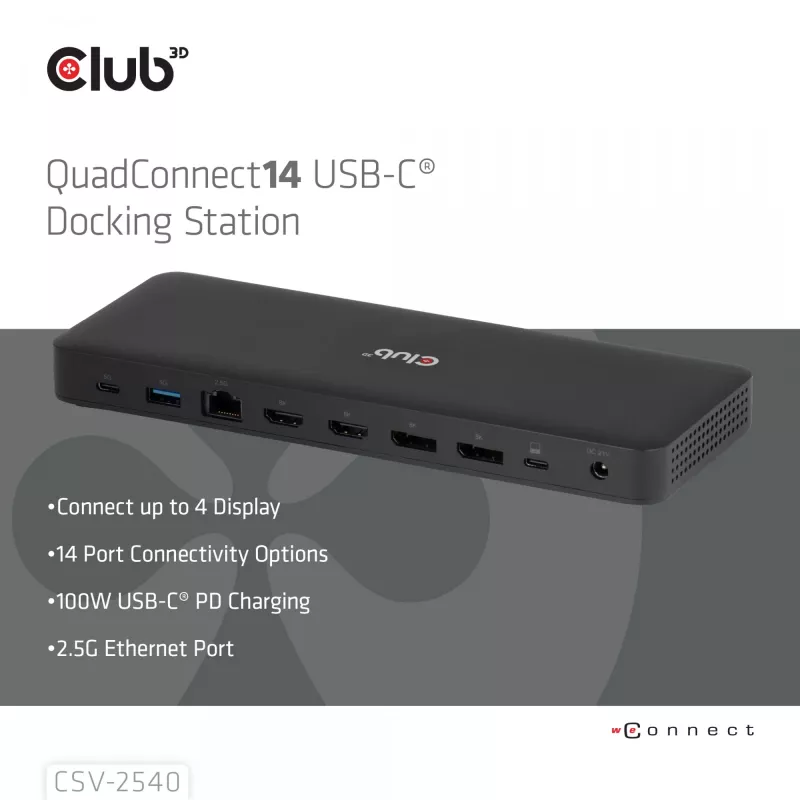 Estación de acoplamiento CLUB 3D 14-1 USB-C Quad Display USB4 con 2× puertos USB 2.0