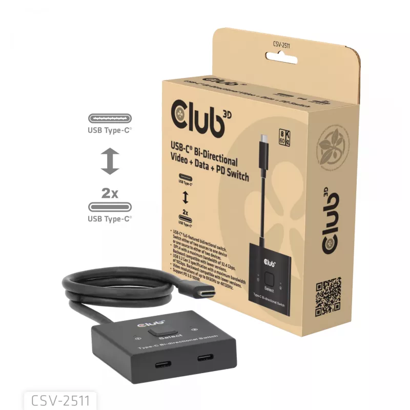 CLUB3D Conmutador bidireccional de vídeo + datos + PD USB-C®, USB Type-C, 2x DisplayPort, 7680 x 4320 Píxeles, Negro, 8K Ultra HD, 120 Hz