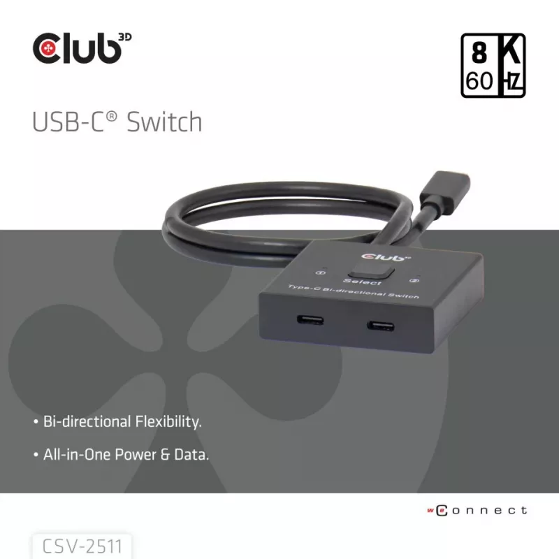 CLUB3D Conmutador bidireccional de vídeo + datos + PD USB-C®, USB Type-C, 2x DisplayPort, 7680 x 4320 Píxeles, Negro, 8K Ultra HD, 120 Hz