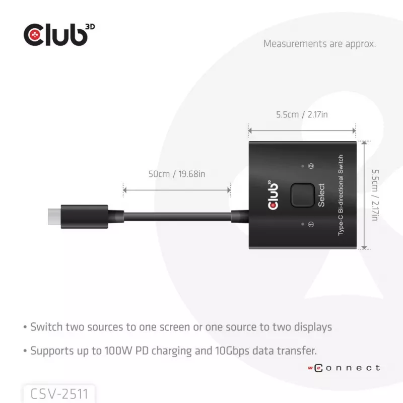 CLUB3D Conmutador bidireccional de vídeo + datos + PD USB-C®, USB Type-C, 2x DisplayPort, 7680 x 4320 Píxeles, Negro, 8K Ultra HD, 120 Hz