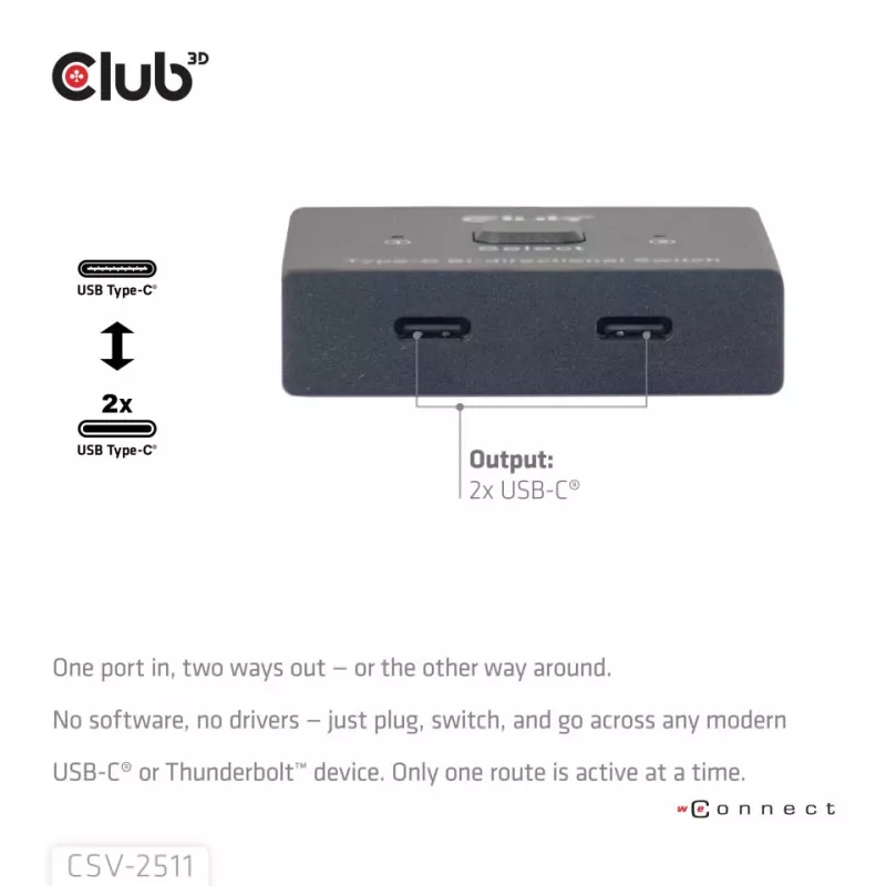 CLUB3D Conmutador bidireccional de vídeo + datos + PD USB-C®, USB Type-C, 2x DisplayPort, 7680 x 4320 Píxeles, Negro, 8K Ultra HD, 120 Hz