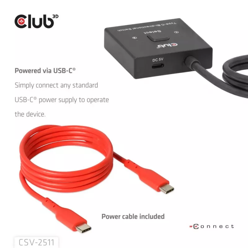 CLUB3D Conmutador bidireccional de vídeo + datos + PD USB-C®, USB Type-C, 2x DisplayPort, 7680 x 4320 Píxeles, Negro, 8K Ultra HD, 120 Hz