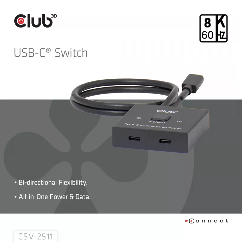 CLUB3D Conmutador bidireccional de vídeo + datos + PD USB-C®, USB Type-C, 2x DisplayPort, 7680 x 4320 Píxeles, Negro, 8K Ultra HD, 120 Hz