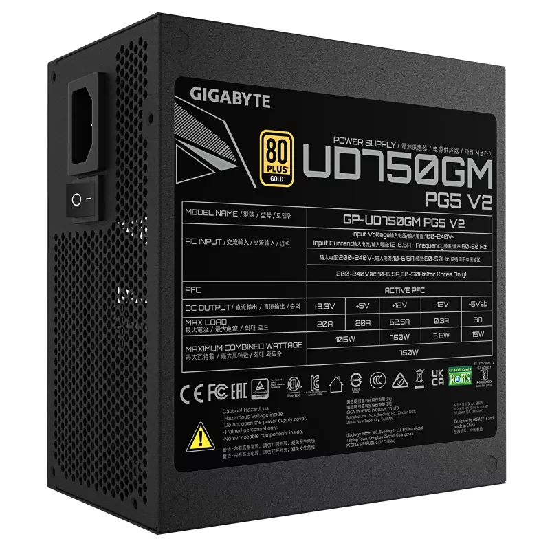 GIGABYTE UD750GM PG5 V2 Fuente de alimentación – PCIe Gen 5.1, 80 PLUS Gold, diseño totalmente modular, ventilador de 120 mm, compatible con ATX 3.1, enchufe EU