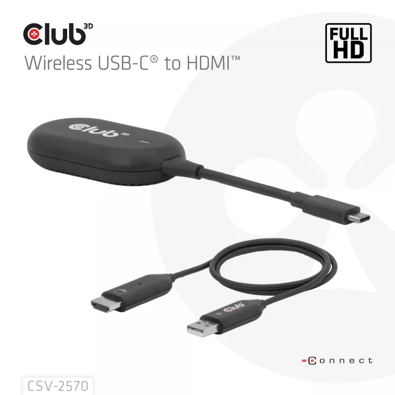CLUB3D Wireless USB-C® a HDMI™, 1920 x 1080 píxeles, emisor y receptor AV, con cable e inalámbrico, negro, HDCP