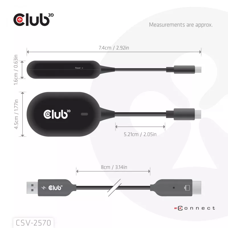CLUB3D Wireless USB-C® a HDMI™, 1920 x 1080 píxeles, emisor y receptor AV, con cable e inalámbrico, negro, HDCP