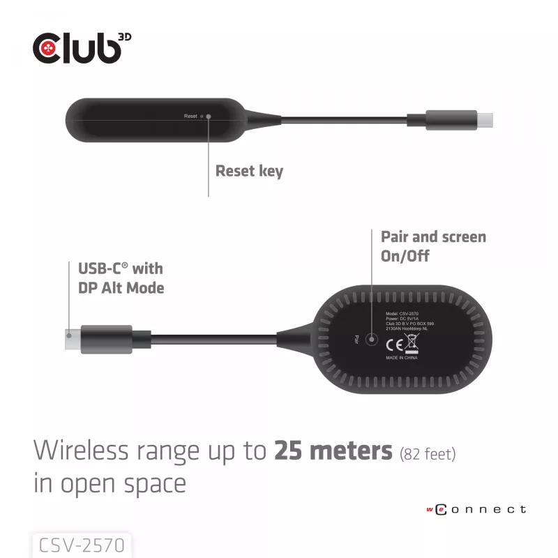 CLUB3D Wireless USB-C® a HDMI™, 1920 x 1080 píxeles, emisor y receptor AV, con cable e inalámbrico, negro, HDCP