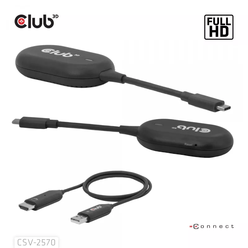 CLUB3D Wireless USB-C® a HDMI™, 1920 x 1080 píxeles, emisor y receptor AV, con cable e inalámbrico, negro, HDCP