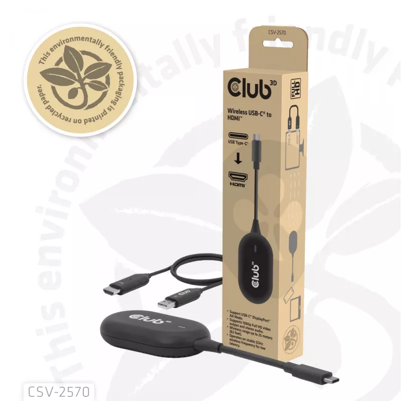 CLUB3D Wireless USB-C® a HDMI™, 1920 x 1080 píxeles, emisor y receptor AV, con cable e inalámbrico, negro, HDCP