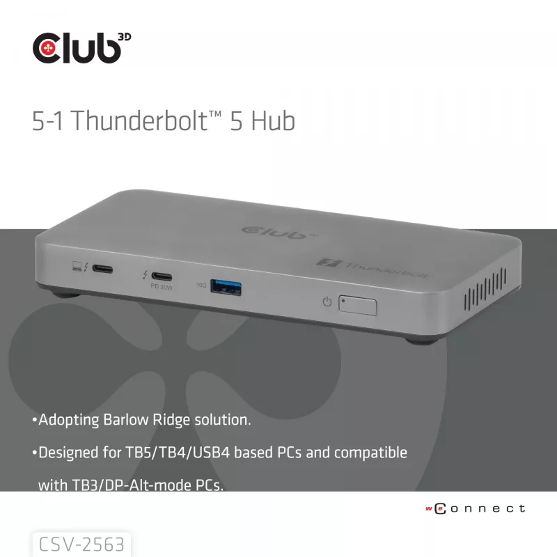 CLUB3D CSV-2563 Hub Thunderbolt™ 5 5 en 1 Triple vídeo 5K60Hz Thunderbolt™ Share Certificado 180 W