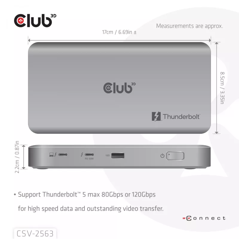 CLUB3D CSV-2563 Hub Thunderbolt™ 5 5 en 1 Triple vídeo 5K60Hz Thunderbolt™ Share Certificado 180 W