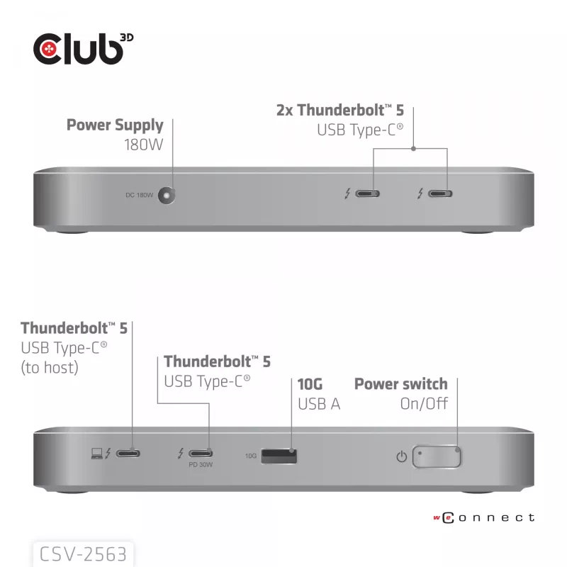 CLUB3D CSV-2563 Hub Thunderbolt™ 5 5 en 1 Triple vídeo 5K60Hz Thunderbolt™ Share Certificado 180 W