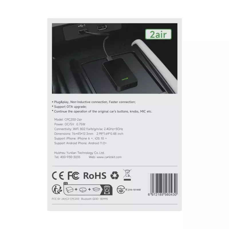 Receptor multimedia para coche Carlinkit CPC200-2AIR Negro Wi‑Fi 5 GHz / 2,4 GHz, Bluetooth 4.1, USB‑C