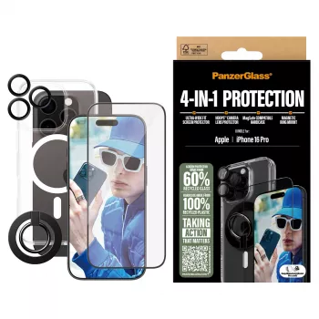 PanzerGlass ® pack de protección 4 en 1 iPhone 16 Pro, Apple, Apple - iPhone 16 Pro, aplicación en seco, resistente a arañazos, resistente a golpes, transparente, 1 ud.