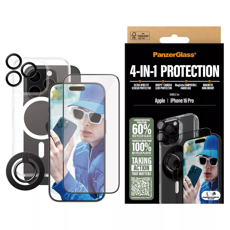 PanzerGlass ® pack de protección 4 en 1 iPhone 16 Pro, Apple, Apple - iPhone 16 Pro, aplicación en seco, resistente a arañazos, resistente a golpes, transparente, 1 ud.