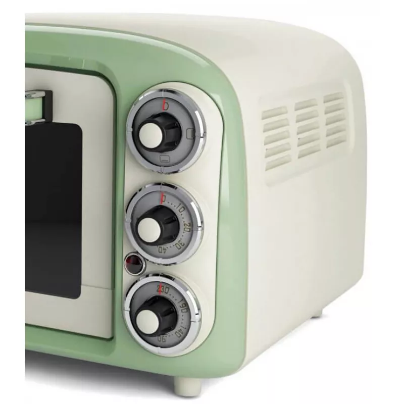 Ariete 979 Design horno eléctrico 18 litros, apto para pizza de 30 cm, 1380 W, 3 niveles de inserción, temporizador de 60 minutos, acero inoxidable, verde pastel