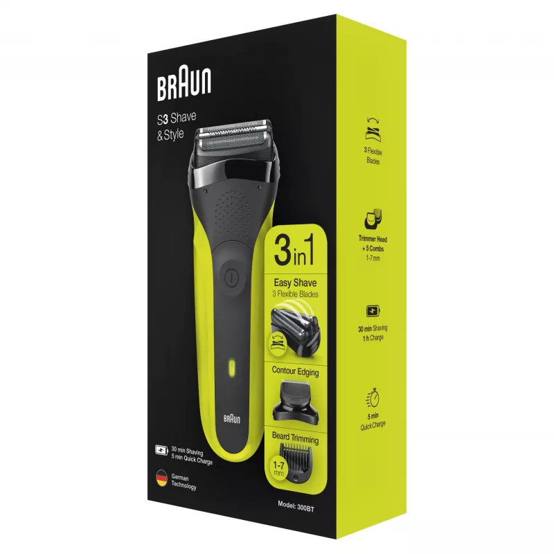 Braun Series 3 Shave&Style 300BT afeitadora eléctrica, afeitadora para hombre, negro/Volt Green