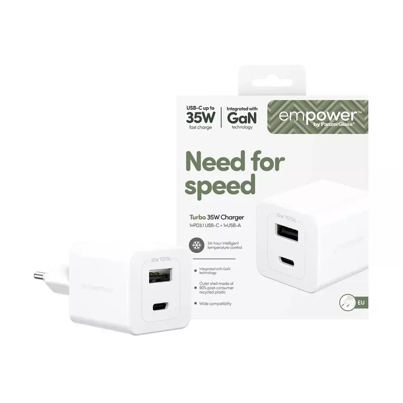 PanzerGlass empower™ by ® Cargador Turbo 35W incl. USB-C + USB-A | enchufe EU | blanco plateado