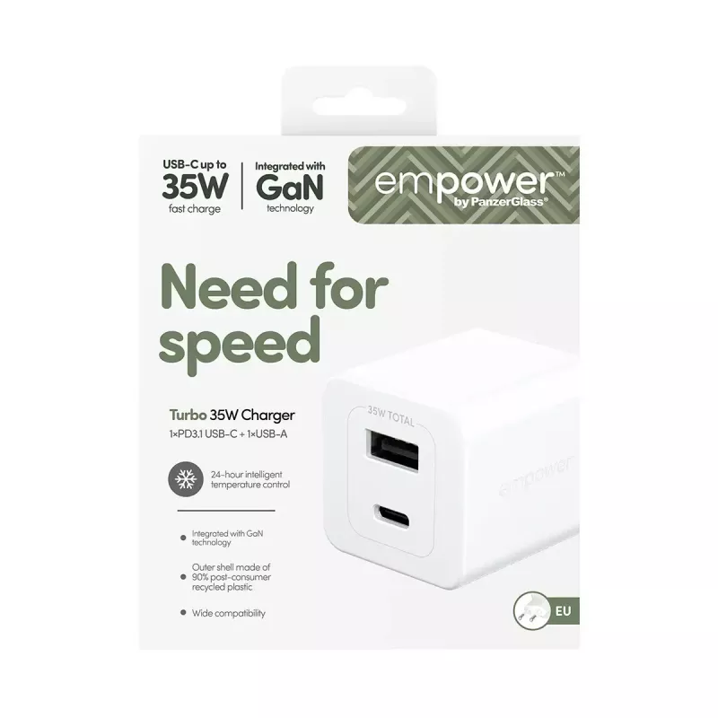 PanzerGlass empower™ by ® Cargador Turbo 35W incl. USB-C + USB-A | enchufe EU | blanco plateado