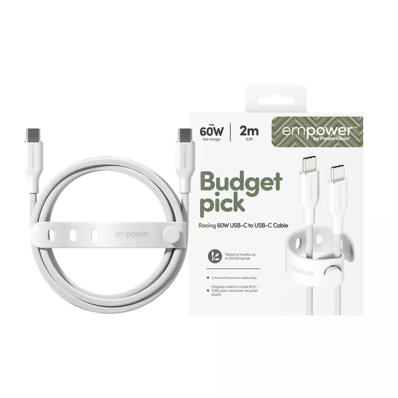 PanzerGlass empower™ by ® Racing cable USB-C a USB-C 60W | USB 2.0 | 2 m | blanco plateado