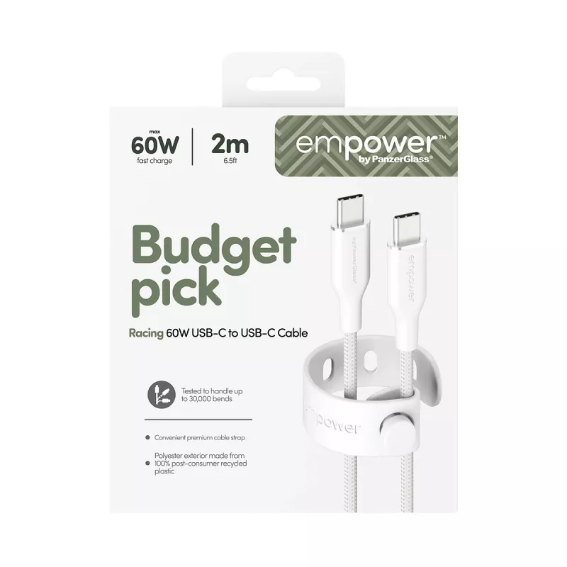 PanzerGlass empower™ by ® Racing cable USB-C a USB-C 60W | USB 2.0 | 2 m | blanco plateado