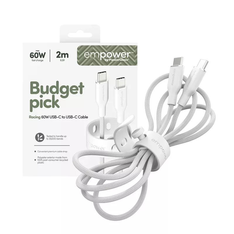PanzerGlass empower™ by ® Racing cable USB-C a USB-C 60W | USB 2.0 | 2 m | blanco plateado