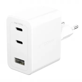 PanzerGlass empower™ by ® Cargador múltiple Turbo 70W incl. 2 x USB-C + USB-A | enchufe EU | blanco plateado