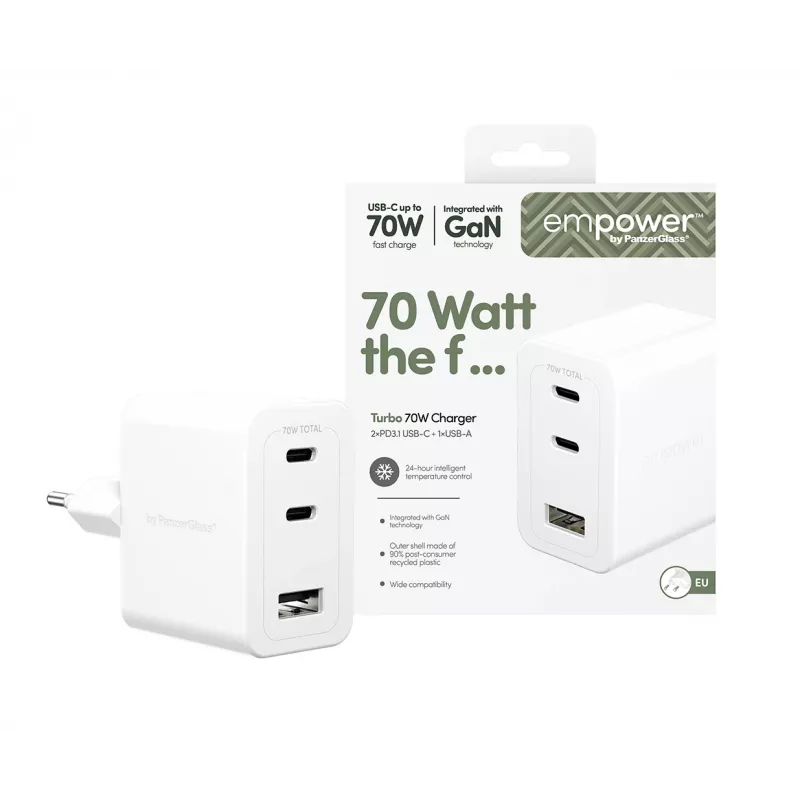 PanzerGlass empower™ by ® Cargador múltiple Turbo 70W incl. 2 x USB-C + USB-A | enchufe EU | blanco plateado