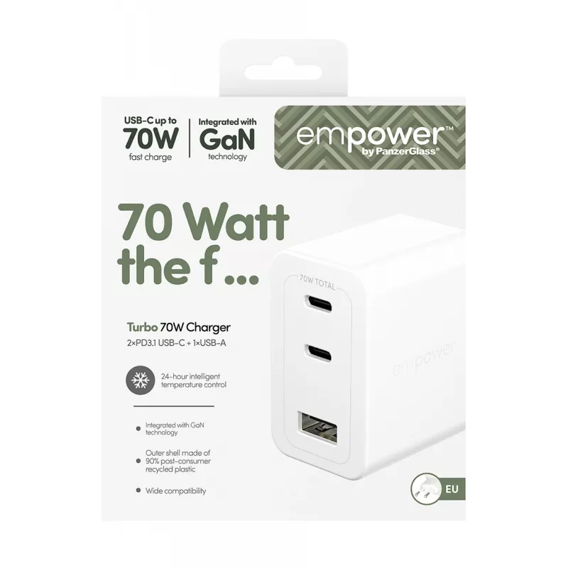 PanzerGlass empower™ by ® Cargador múltiple Turbo 70W incl. 2 x USB-C + USB-A | enchufe EU | blanco plateado