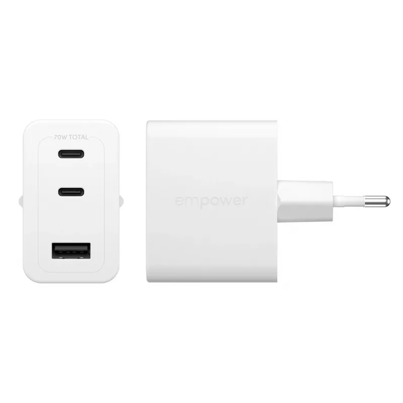 PanzerGlass empower™ by ® Cargador múltiple Turbo 70W incl. 2 x USB-C + USB-A | enchufe EU | blanco plateado