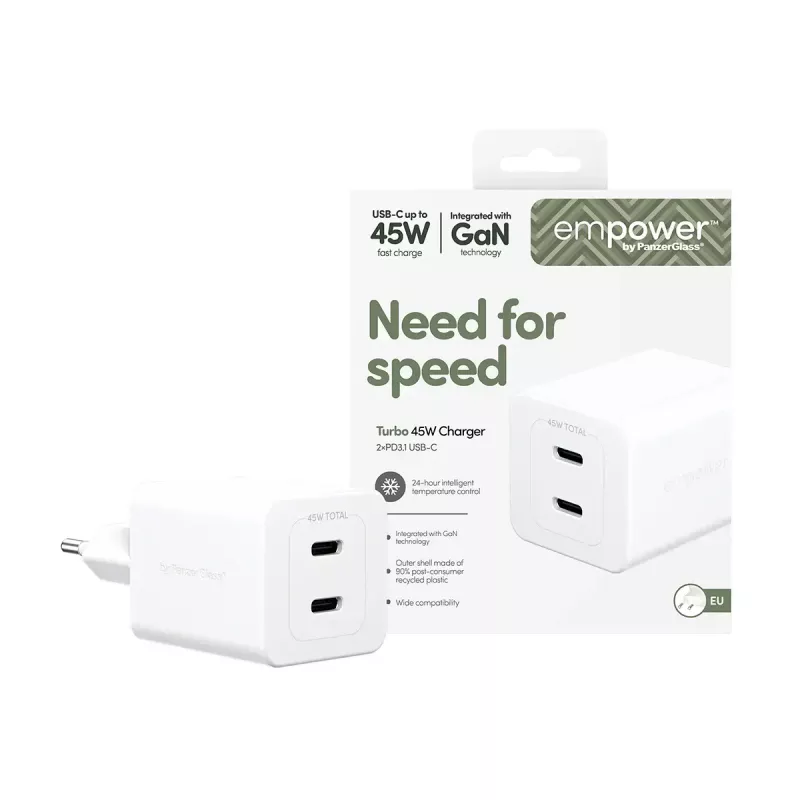 PanzerGlass empower™ by ® Cargador Turbo 45W incl. 2 x USB-C | enchufe EU | blanco plateado