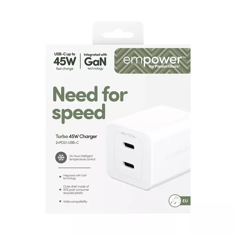 PanzerGlass empower™ by ® Cargador Turbo 45W incl. 2 x USB-C | enchufe EU | blanco plateado