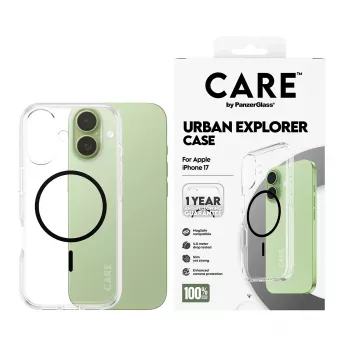 Funda PanzerGlass CARE by Flagship Case transparente Urban Explorer negra MagSafe iPhone 17