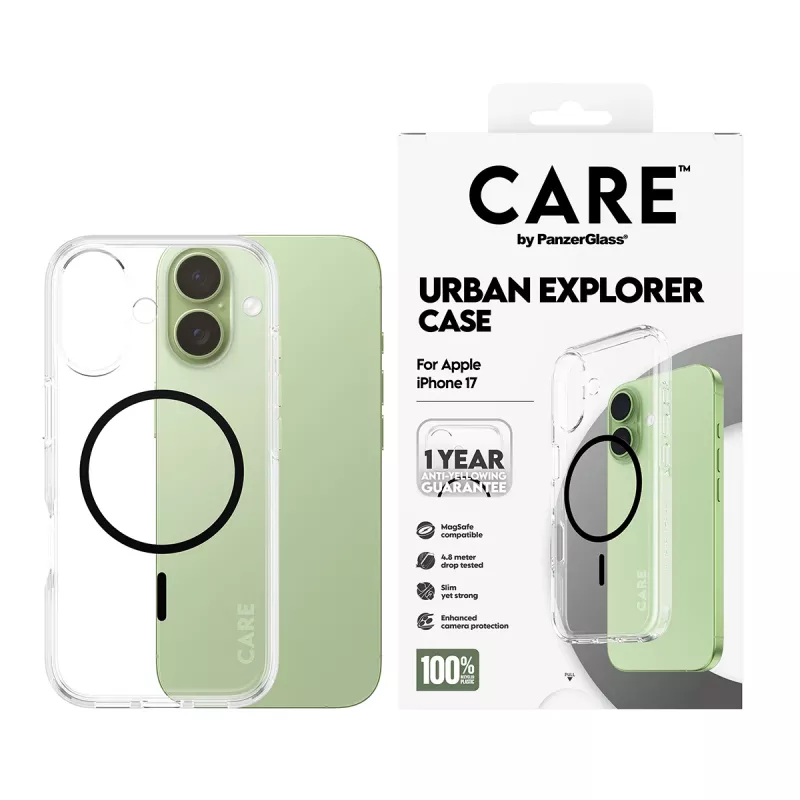 Funda PanzerGlass CARE by Flagship Case transparente Urban Explorer negra MagSafe iPhone 17
