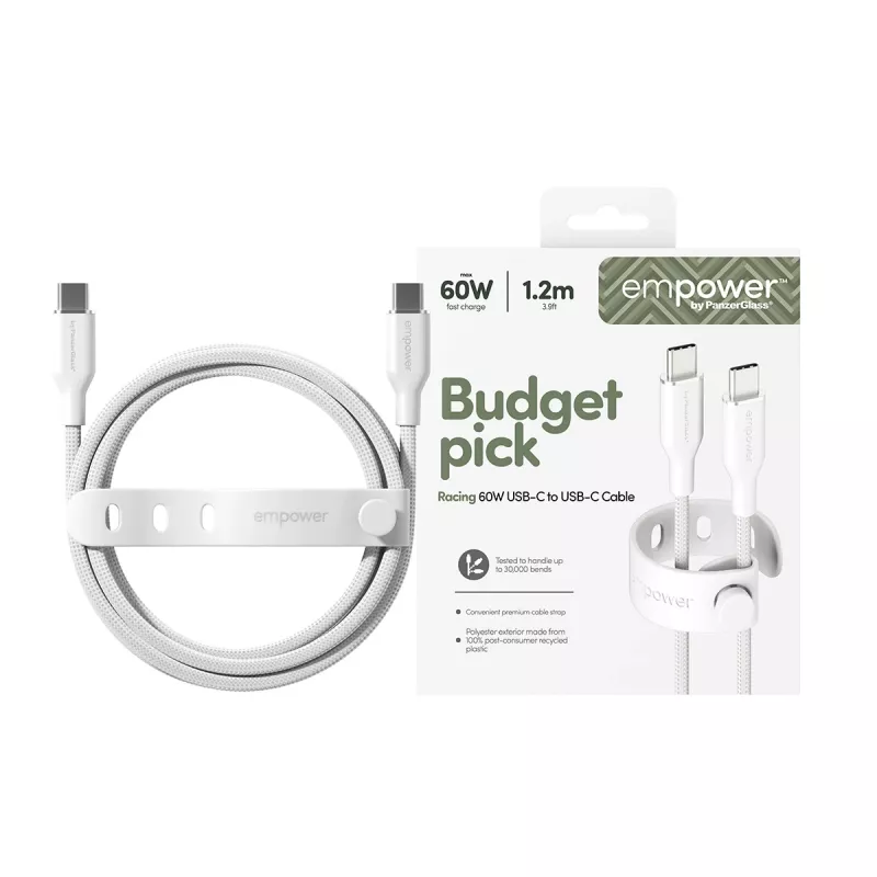 PanzerGlass empower™ by ® Racing cable USB-C a USB-C 60W | USB 2.0 | 1,2 m | blanco plateado