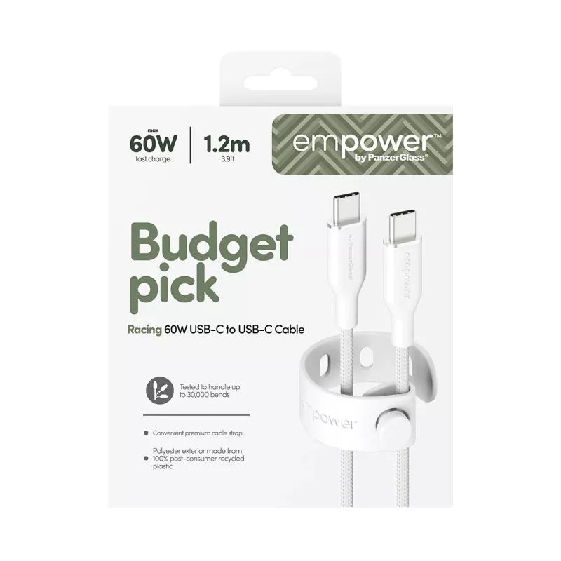 PanzerGlass empower™ by ® Racing cable USB-C a USB-C 60W | USB 2.0 | 1,2 m | blanco plateado