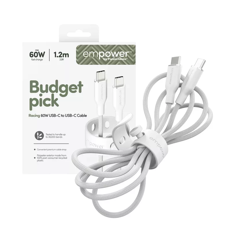 PanzerGlass empower™ by ® Racing cable USB-C a USB-C 60W | USB 2.0 | 1,2 m | blanco plateado
