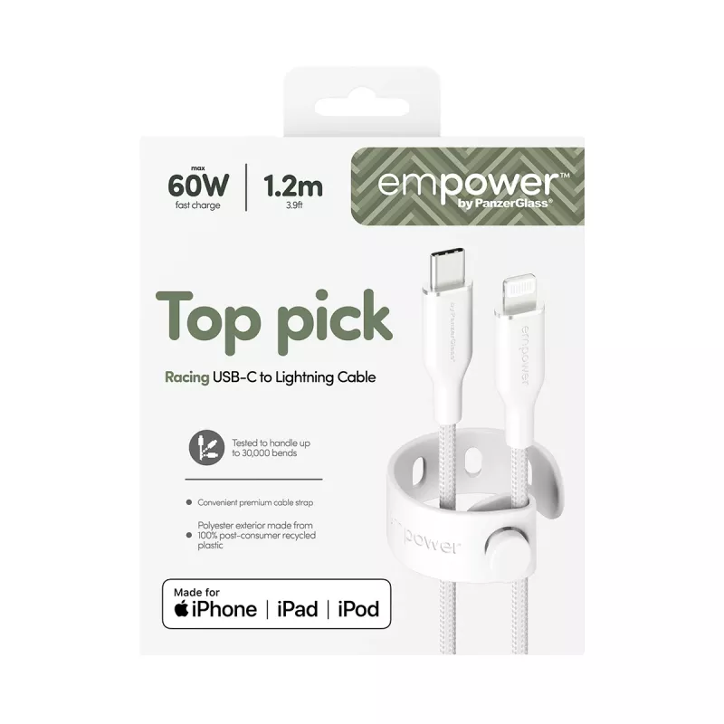 PanzerGlass empower™ by ® Racing cable USB-C a Lightning 60W | USB 2.0 | 1,2 m | blanco plateado