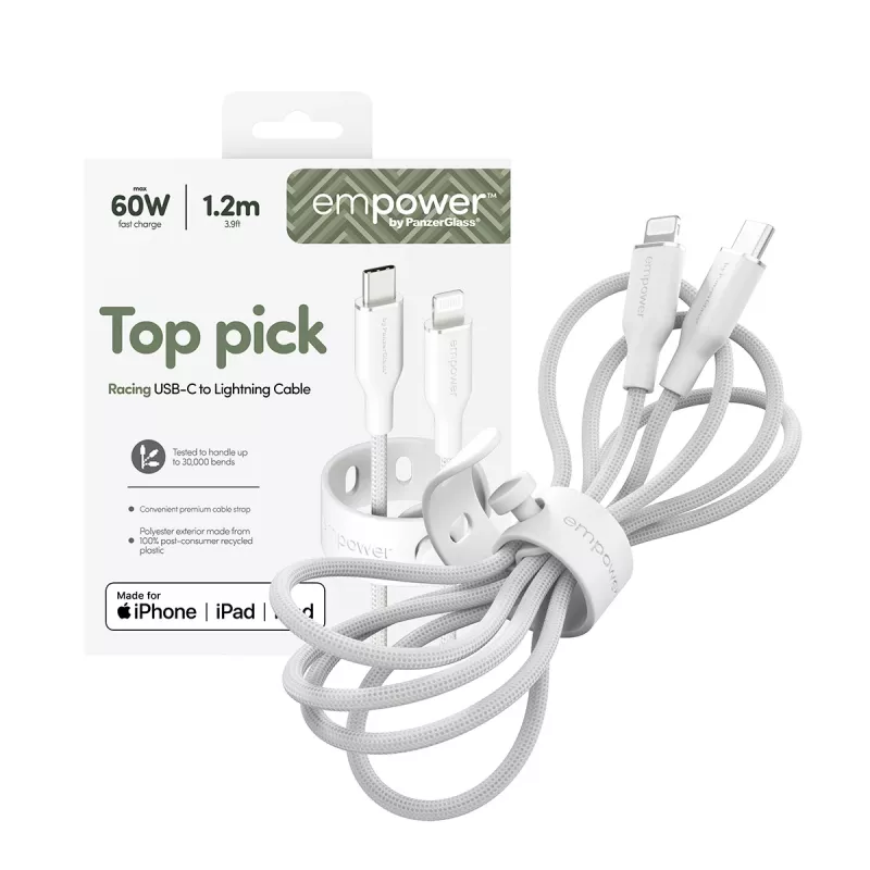 PanzerGlass empower™ by ® Racing cable USB-C a Lightning 60W | USB 2.0 | 1,2 m | blanco plateado
